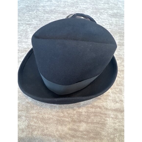 Vintage Lancaster Black Fedora Hat With Feather Accent & Ribbon Trim XS - Picture 4 of 8